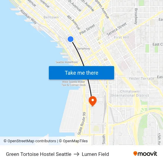 Green Tortoise Hostel Seattle to Lumen Field map