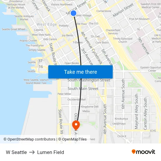 W Seattle to Lumen Field map
