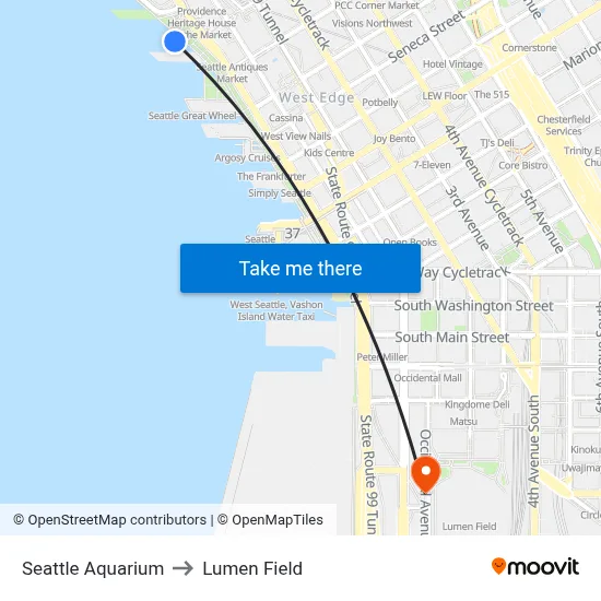 Seattle Aquarium to Lumen Field map