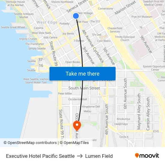 Executive Hotel Pacific Seattle to Lumen Field map