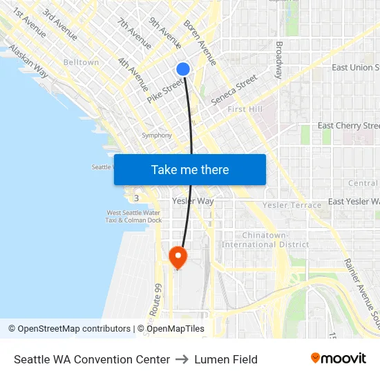 Seattle WA Convention Center to Lumen Field map