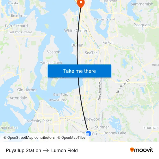 Puyallup Station to Lumen Field map