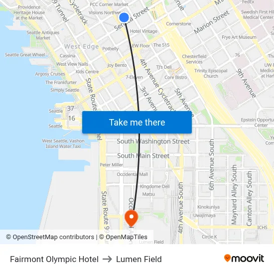 Fairmont Olympic Hotel to Lumen Field map