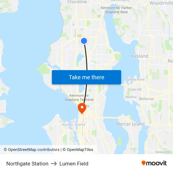 Northgate Station to Lumen Field map