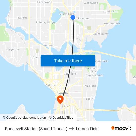 Roosevelt Station (Sound Transit) to Lumen Field map