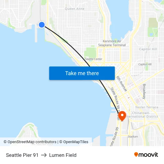 Seattle Pier 91 to Lumen Field map