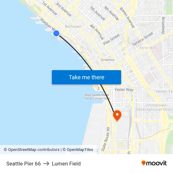 Seattle Pier 66 to Lumen Field map