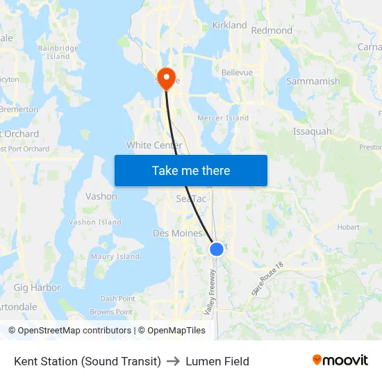 Kent Station (Sound Transit) to Lumen Field map