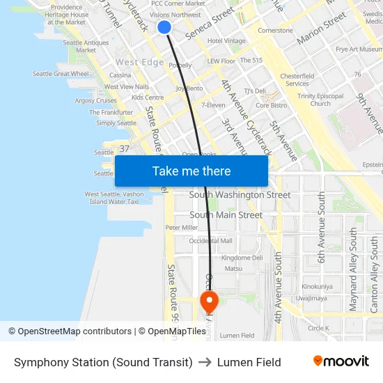 Symphony Station (Sound Transit) to Lumen Field map