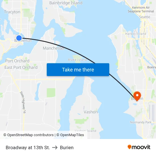 Broadway at 13th St. to Burien map