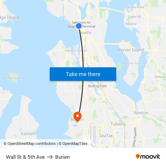 Wall St & 5th Ave to Burien map