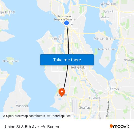 Union St & 5th Ave to Burien map