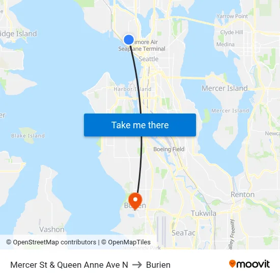 Mercer St & Queen Anne Ave N to Burien map