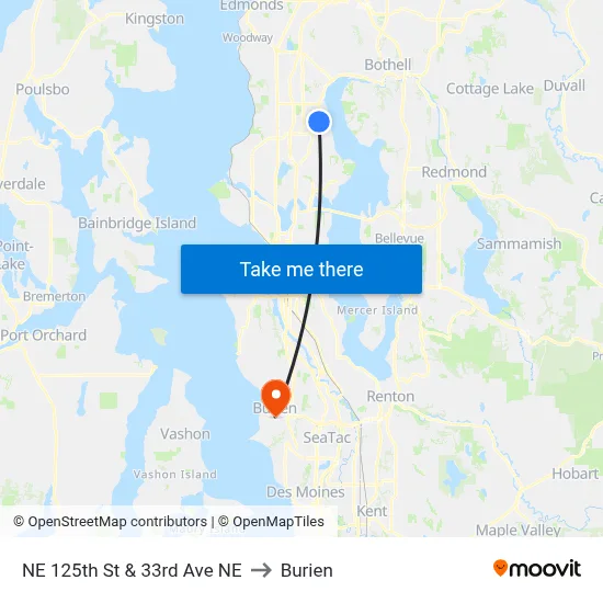 NE 125th St & 33rd Ave NE to Burien map