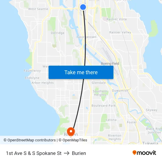 1st Ave S & S Spokane St to Burien map