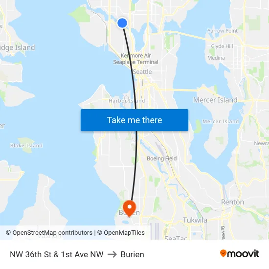 NW 36th St & 1st Ave NW to Burien map
