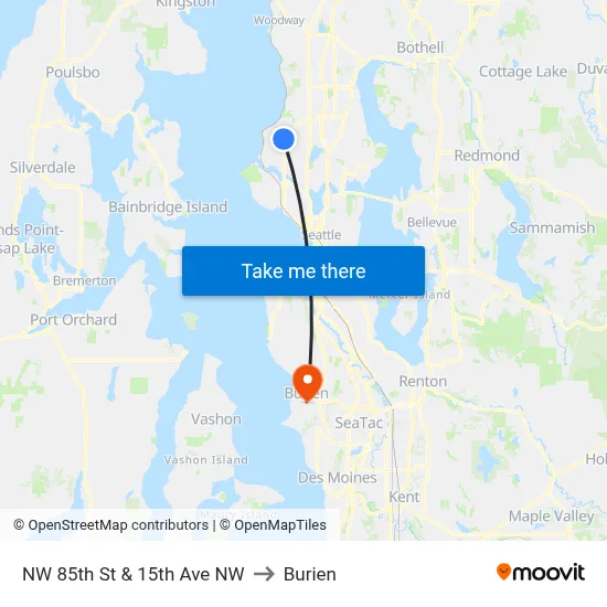 NW 85th St & 15th Ave NW to Burien map