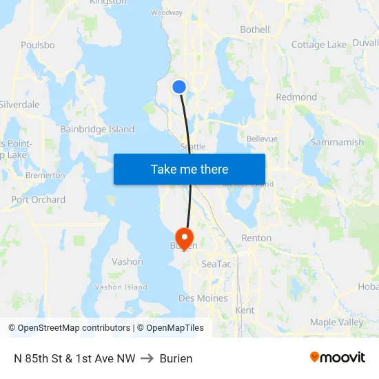 N 85th St & 1st Ave NW to Burien map