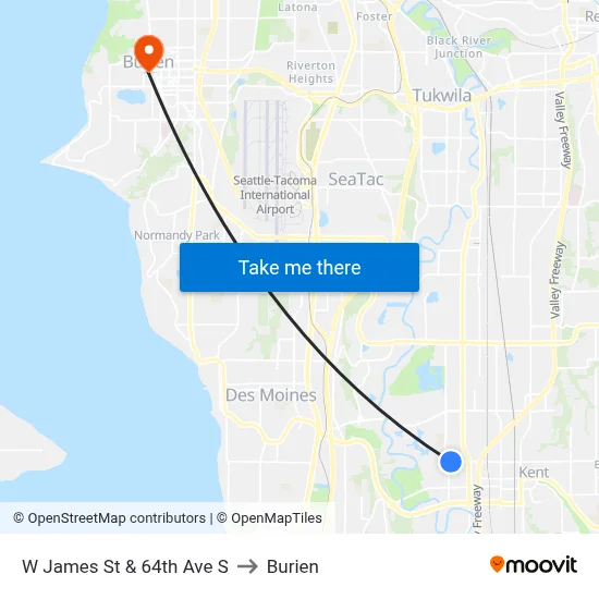 W James St & 64th Ave S to Burien map