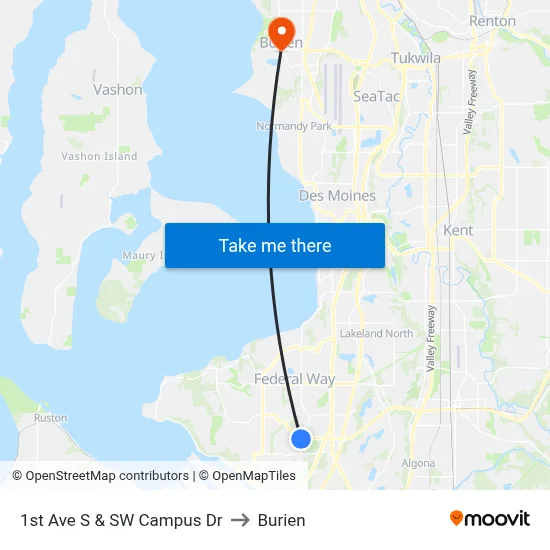 1st Ave S & SW Campus Dr to Burien map