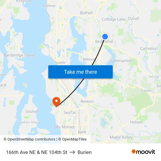166th Ave NE & NE 104th St to Burien map