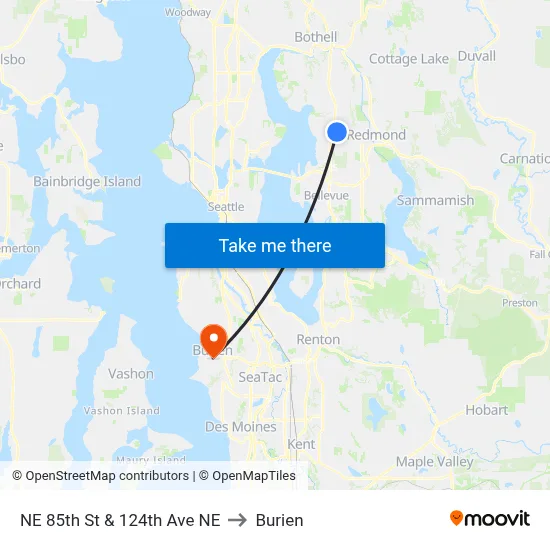 NE 85th St & 124th Ave NE to Burien map