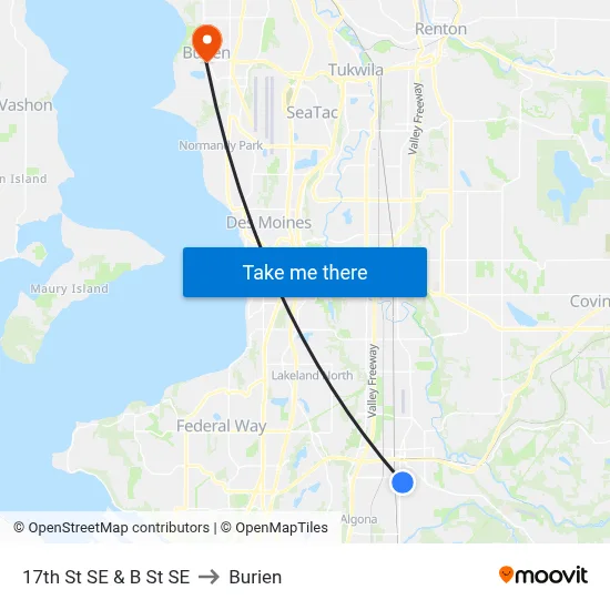 17th St SE & B St SE to Burien map