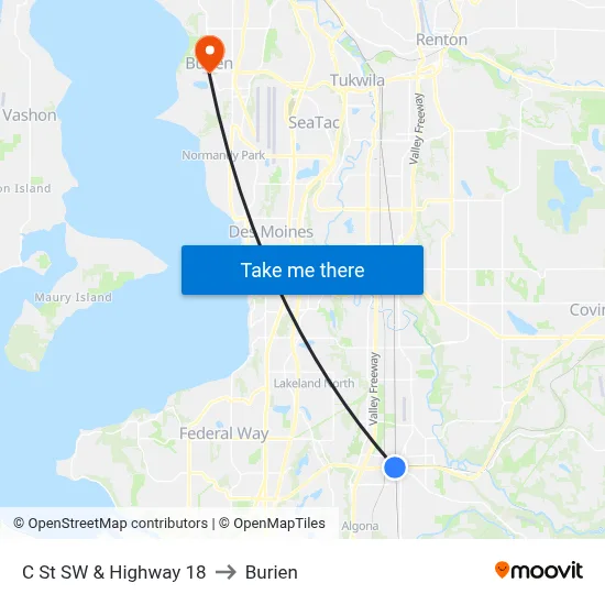 C St SW & Highway 18 to Burien map