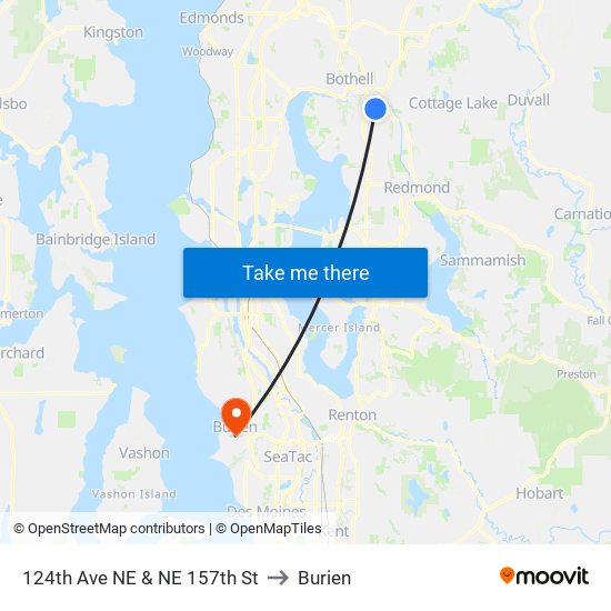 124th Ave NE & NE 157th St to Burien map