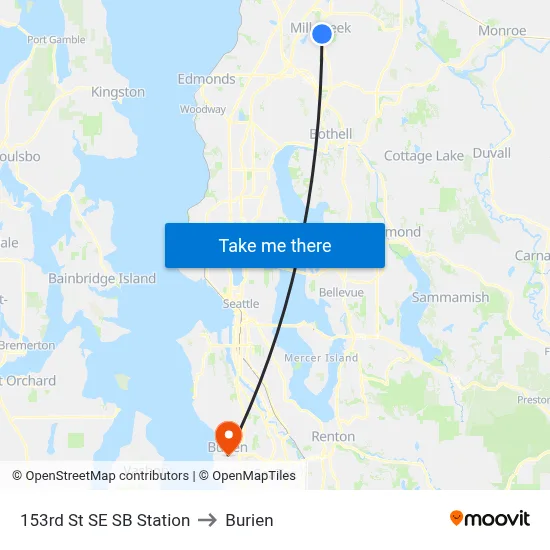 153rd St SE SB Station to Burien map