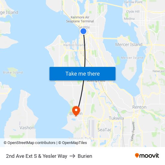 2nd Ave Ext S & Yesler Way to Burien map