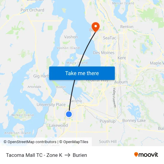 Tacoma Mall TC - Zone K to Burien map