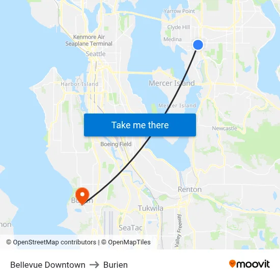 Bellevue Downtown to Burien map