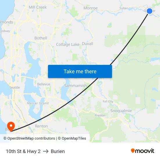 10th St & Hwy 2 to Burien map