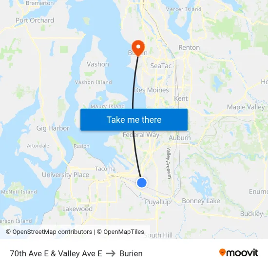 70th Ave E & Valley Ave E to Burien map