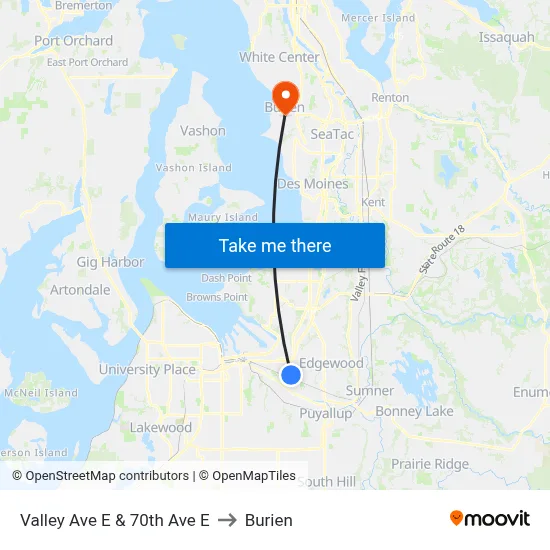 Valley Ave E & 70th Ave E to Burien map