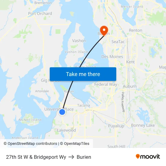 27th St W & Bridgeport Wy to Burien map