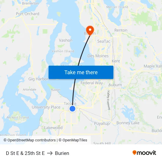 D St E & 25th St E to Burien map