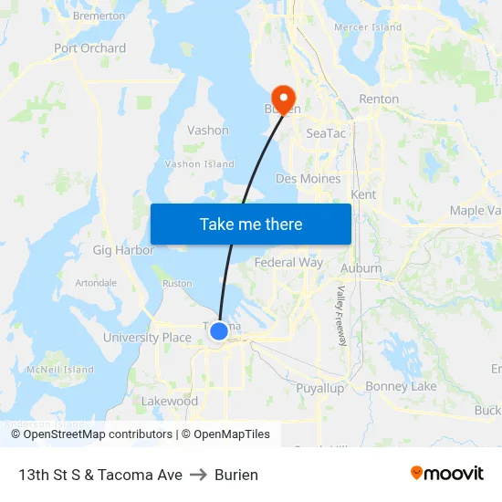 13th St S & Tacoma Ave to Burien map