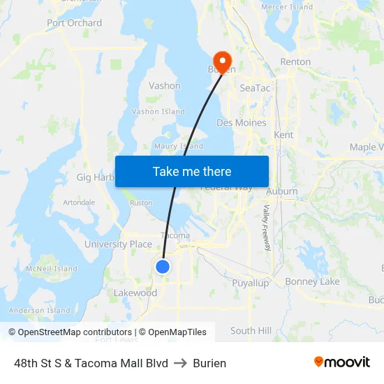 48th St S & Tacoma Mall Blvd to Burien map