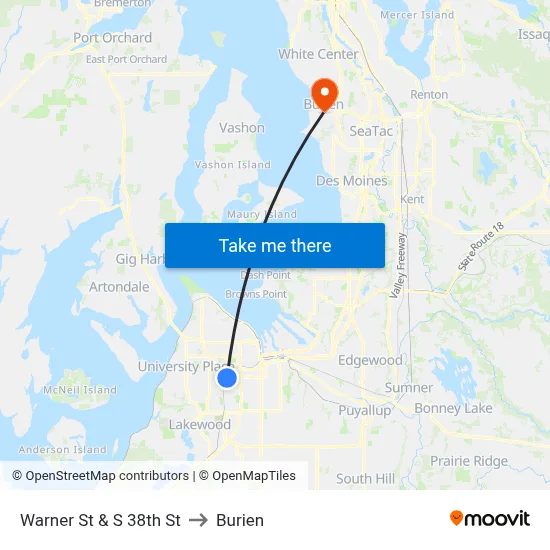 Warner St & S 38th St to Burien map