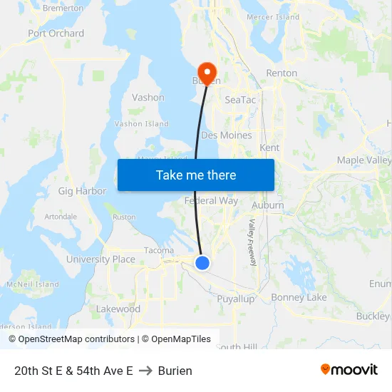 20th St E & 54th Ave E to Burien map