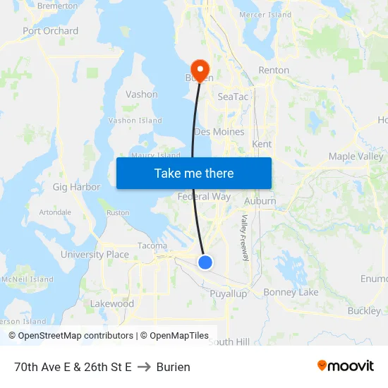 70th Ave E & 26th St E to Burien map