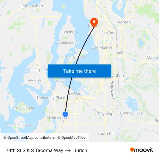 74th St S & S Tacoma Way to Burien map