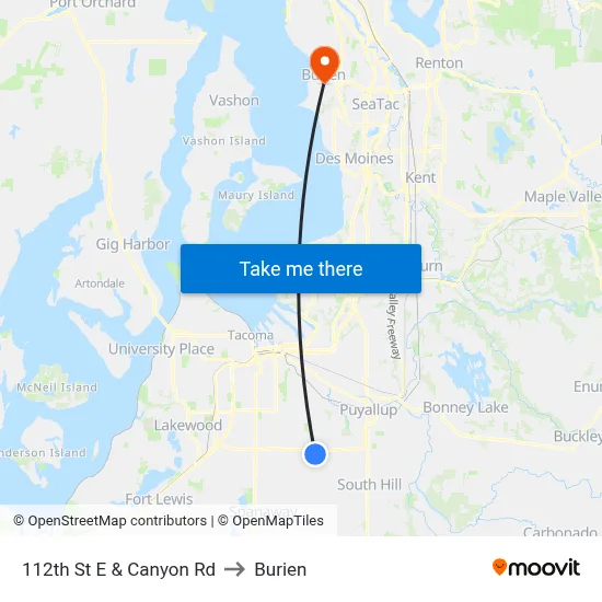 112th St E & Canyon Rd to Burien map