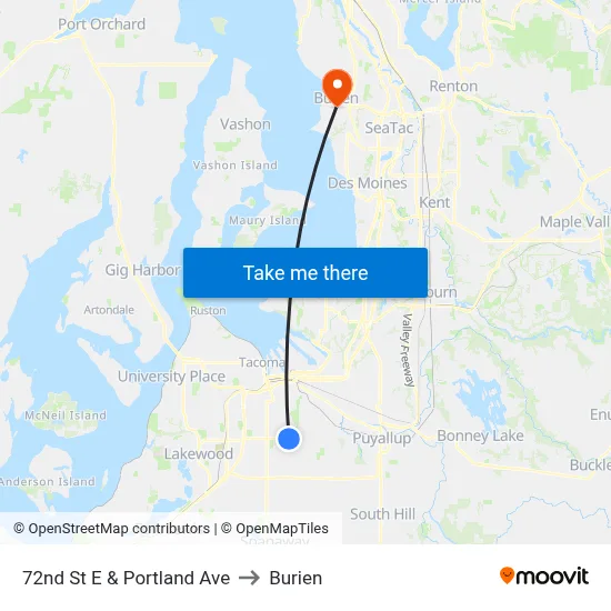 72nd St E & Portland Ave to Burien map