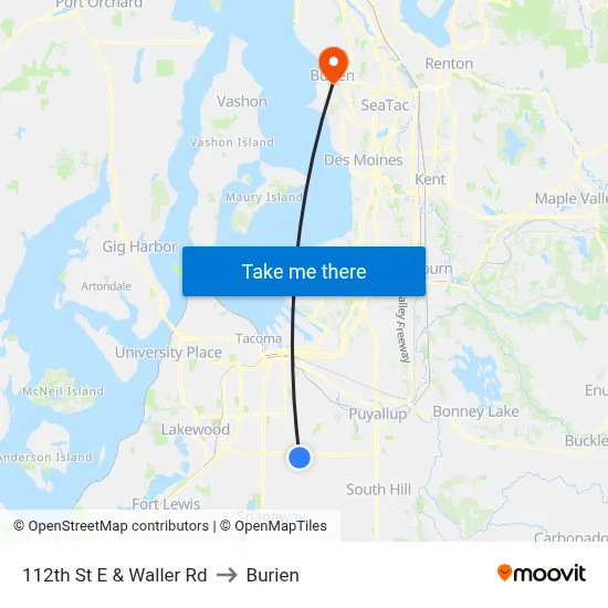 112th St E & Waller Rd to Burien map