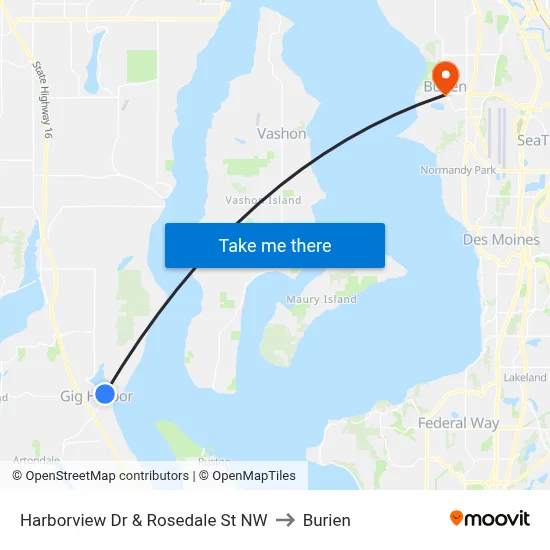 Harborview Dr & Rosedale St NW to Burien map