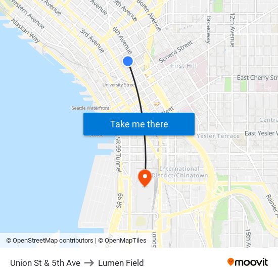 Union St & 5th Ave to Lumen Field map