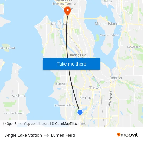 Angle Lake Station to Lumen Field map